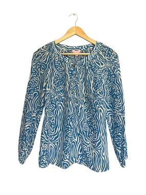 Lilly Pulitzer Silk Blue and White Abstract Print Long-Sleeve Blouse